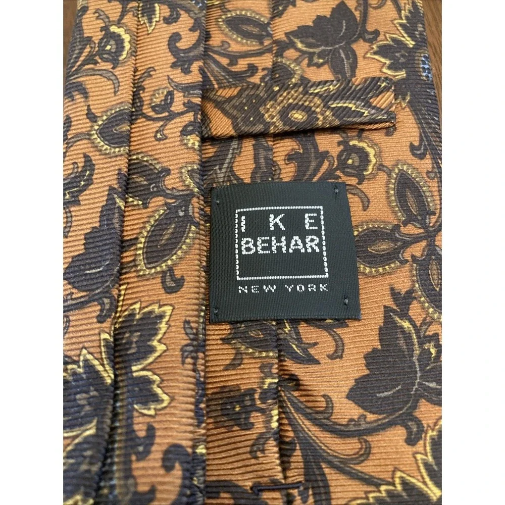 Ike Behar New York Mens Silk Tie Orange Navy Blue Gold Floral Paisley Ribbed